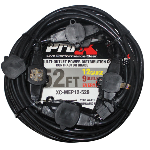 52Ft. 12/3AWG 120VAC Male to 9 Female Socket Outlets Black Power-Extension Cord W-Covers
