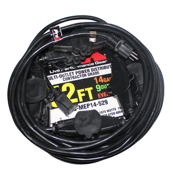 120VAC NEMA 15 Male to 9 Socket Female Power Extension Cord  52 Ft. 14-3 Black W-Covers and Tabs