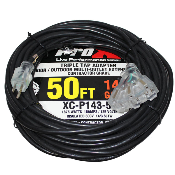50 Ft. 120 VAC NEMA 15 Extension Power Cord 14 AWG - 3 Tap Female Outlets