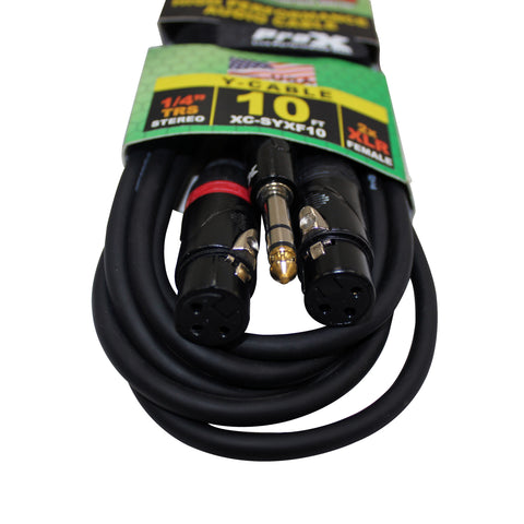10 Ft. High Performance Y Cable 1/4" TRS-M Stereo to Dual XLR-F