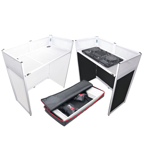VISTA DJ Booth Facade Table Station White Frame with White/Black Scrim kit and Padded Travel Bag