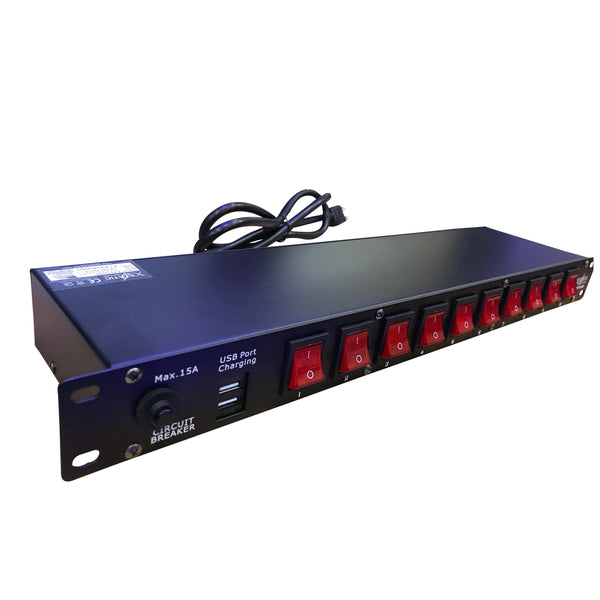 10 Plug Rack Mount Power Distribution Switch With 2 USB Charging Ports